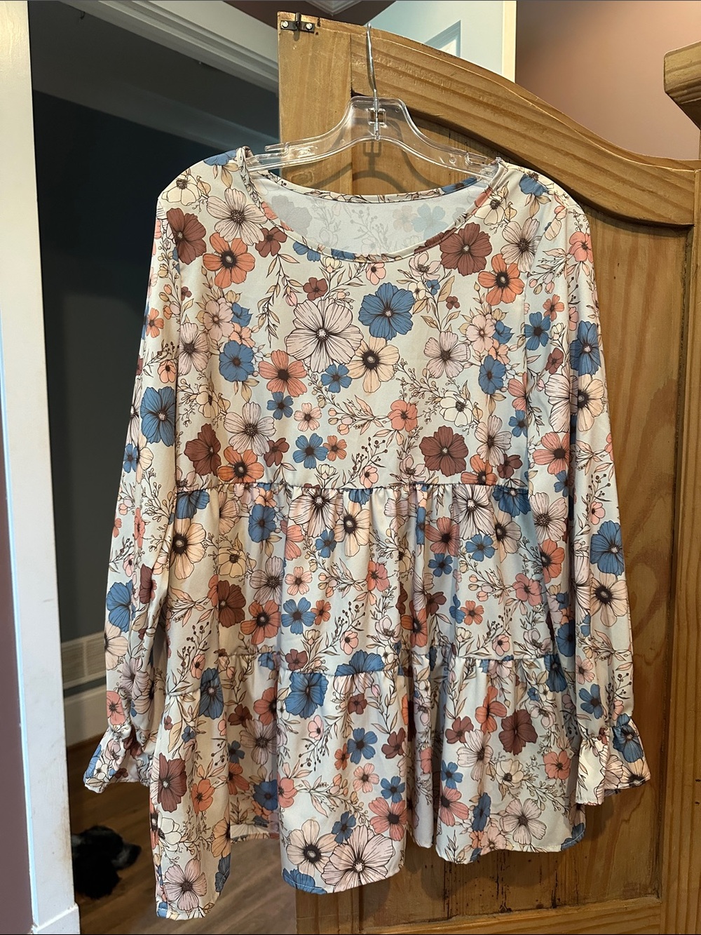 Floral Tiered Blouse in Cream with Blue & Pink Flowers